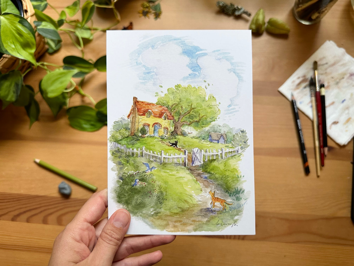 Cottage with Cats on a Sunny Hill Watercolor Illustration Art Print