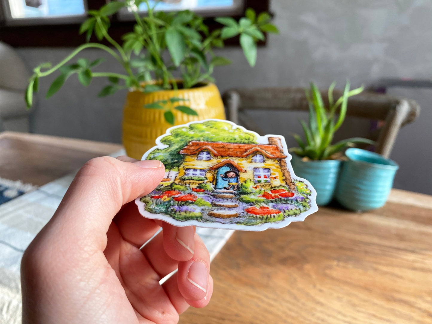 Jolly Little Cottage 3" Vinyl Sticker, Cottagecore Watercolor Fairy Dollhouse Garden