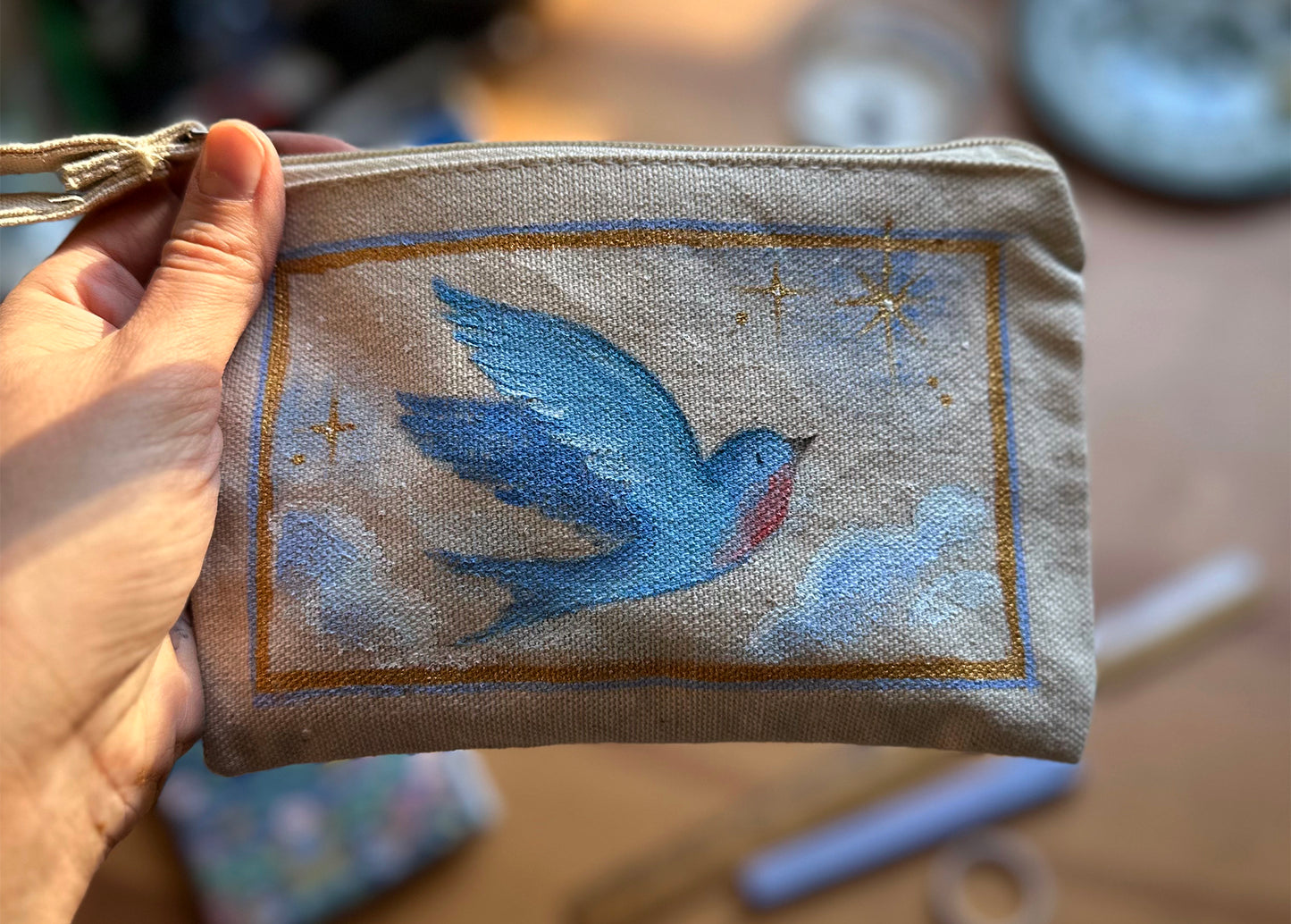 Hand-Painted Bluebird Pencil Pouch (Pre-order)