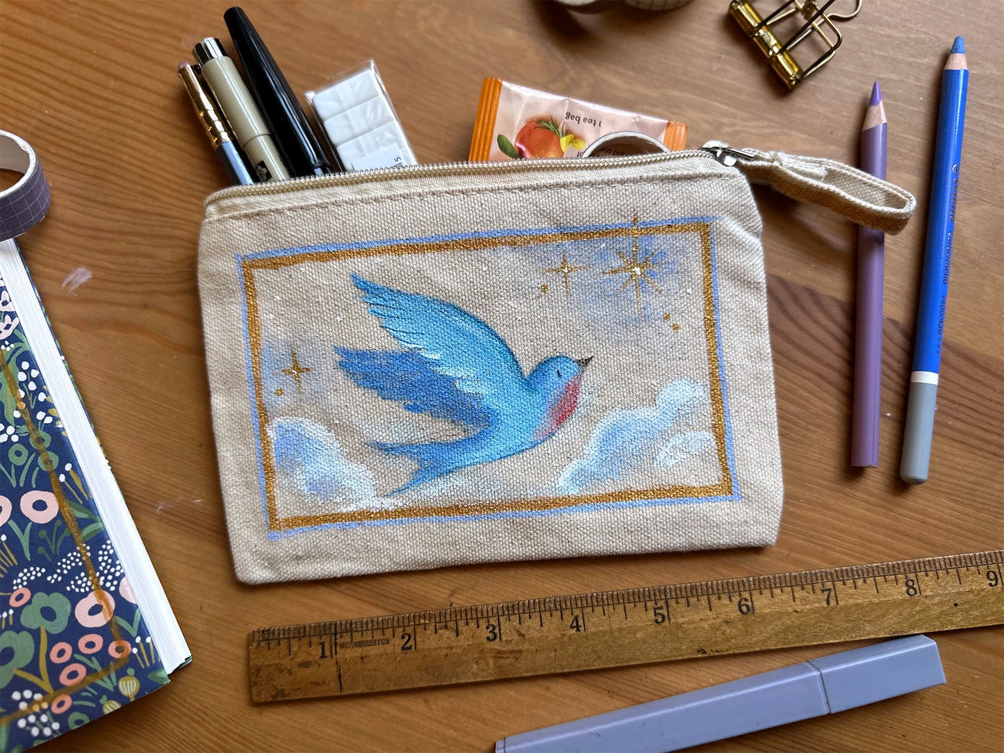 Hand-Painted Bluebird Pencil Pouch (Pre-order)