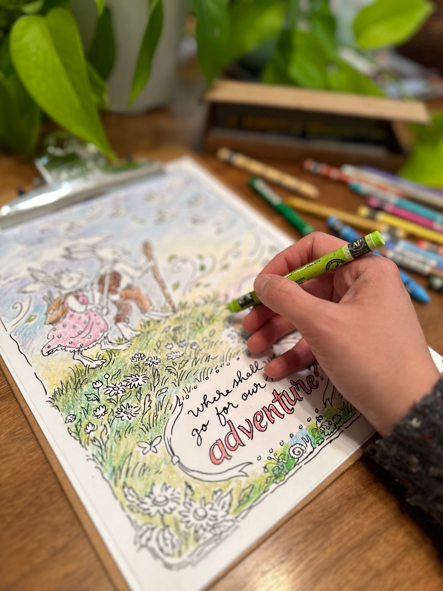 Adventuring Rabbits Spring Coloring Page