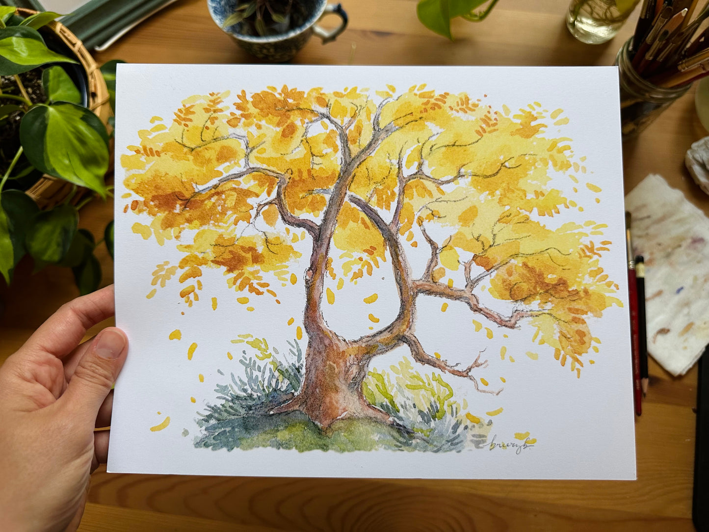 Whimsical Golden Tree Watercolor Illustration Print