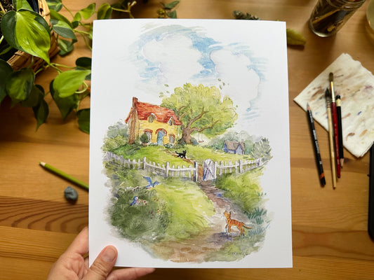 Cottage with Cats on a Sunny Hill Watercolor Illustration Art Print