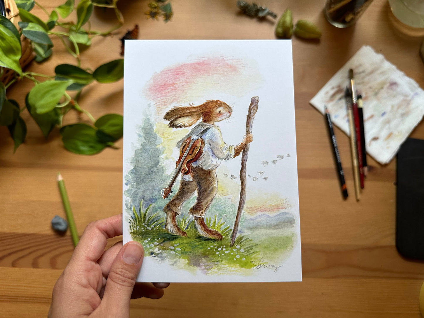 Mandolin-Playing Wandering Rabbit Watercolor Illustration Print