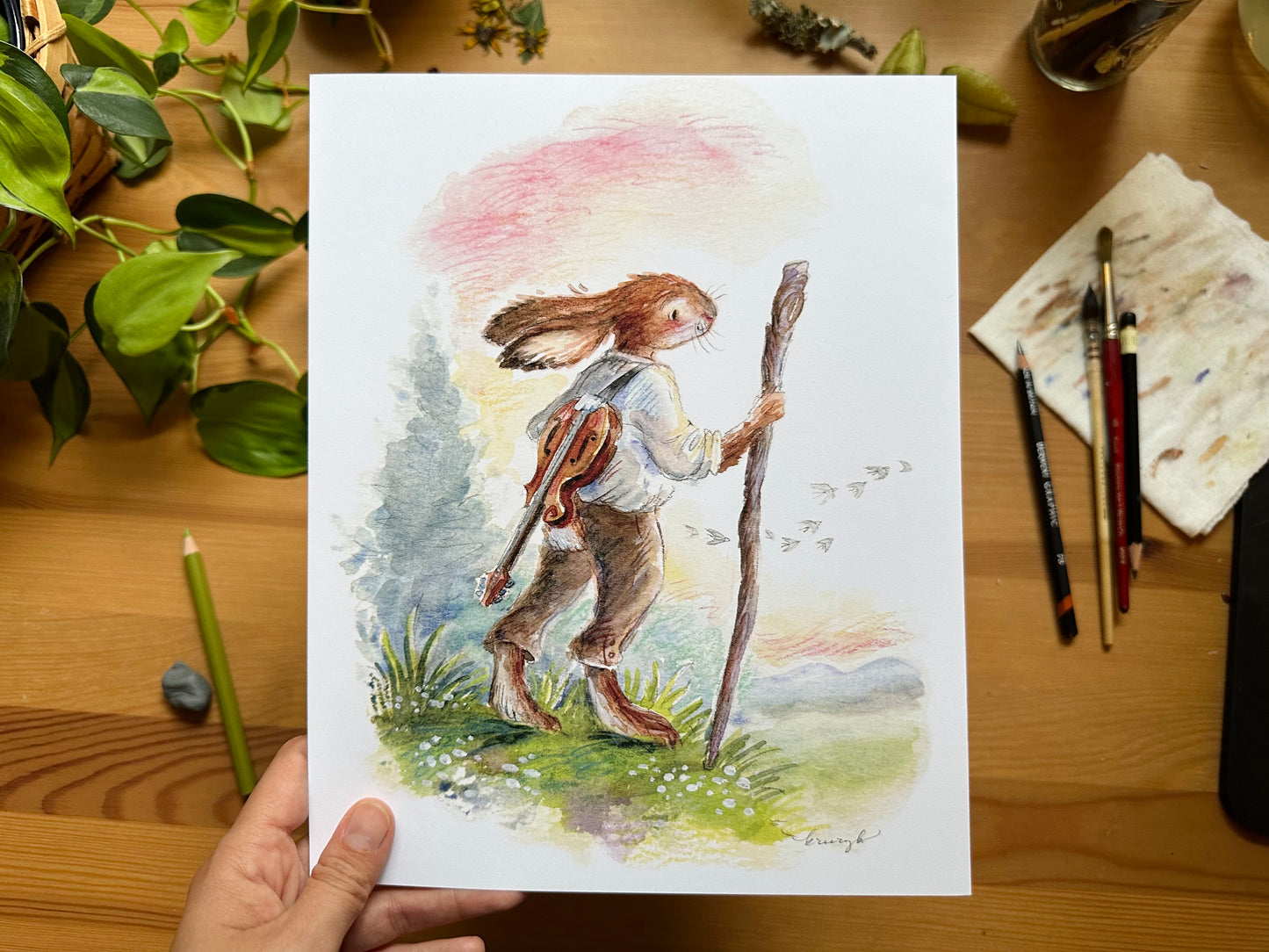 Mandolin-Playing Wandering Rabbit Watercolor Illustration Print