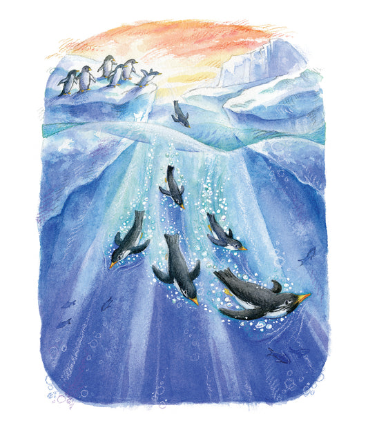 "Penguins" Original Watercolor Illustration from The King of All Things for Children's Room