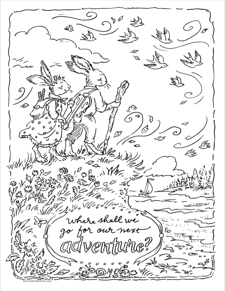 Adventuring Rabbits Spring Coloring Page