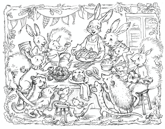 Woodland Thanksgiving Feast Coloring Page for Fall