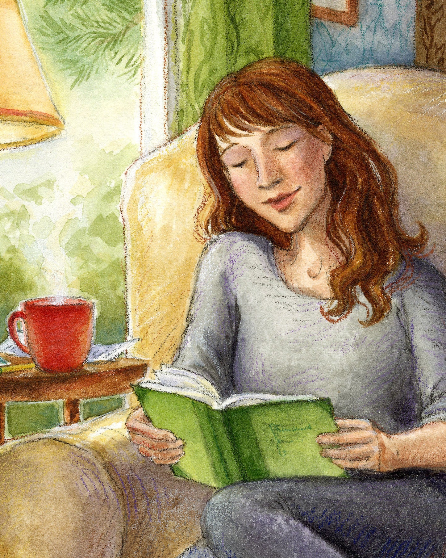 Book Girl Art Print - Reading Story Illustration, Literature, Library Art, Book Collector, Coffee, Tea, Cozy