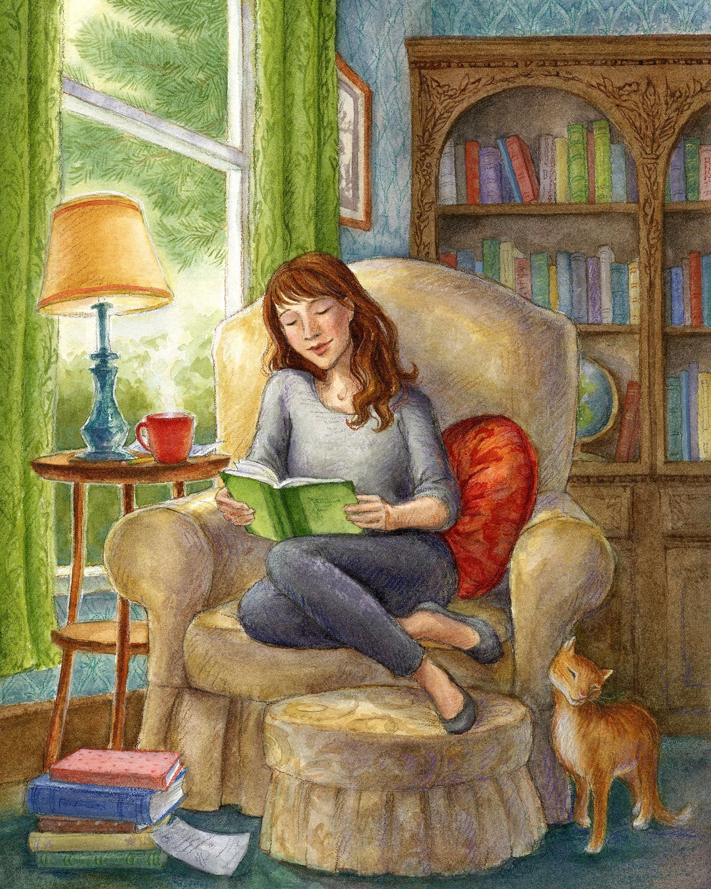 Book Girl Art Print - Reading Story Illustration, Literature, Library Art, Book Collector, Coffee, Tea, Cozy