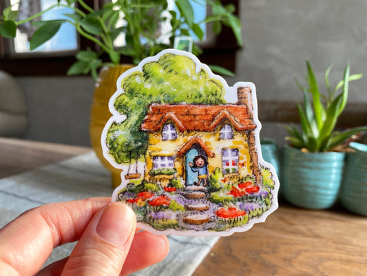 Jolly Little Cottage 3" Vinyl Sticker, Cottagecore Watercolor Fairy Dollhouse Garden