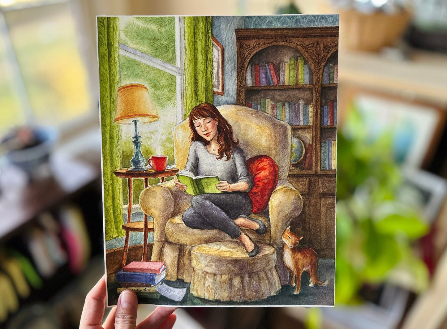 Book Girl Art Print - Reading Story Illustration, Literature, Library Art, Book Collector, Coffee, Tea, Cozy