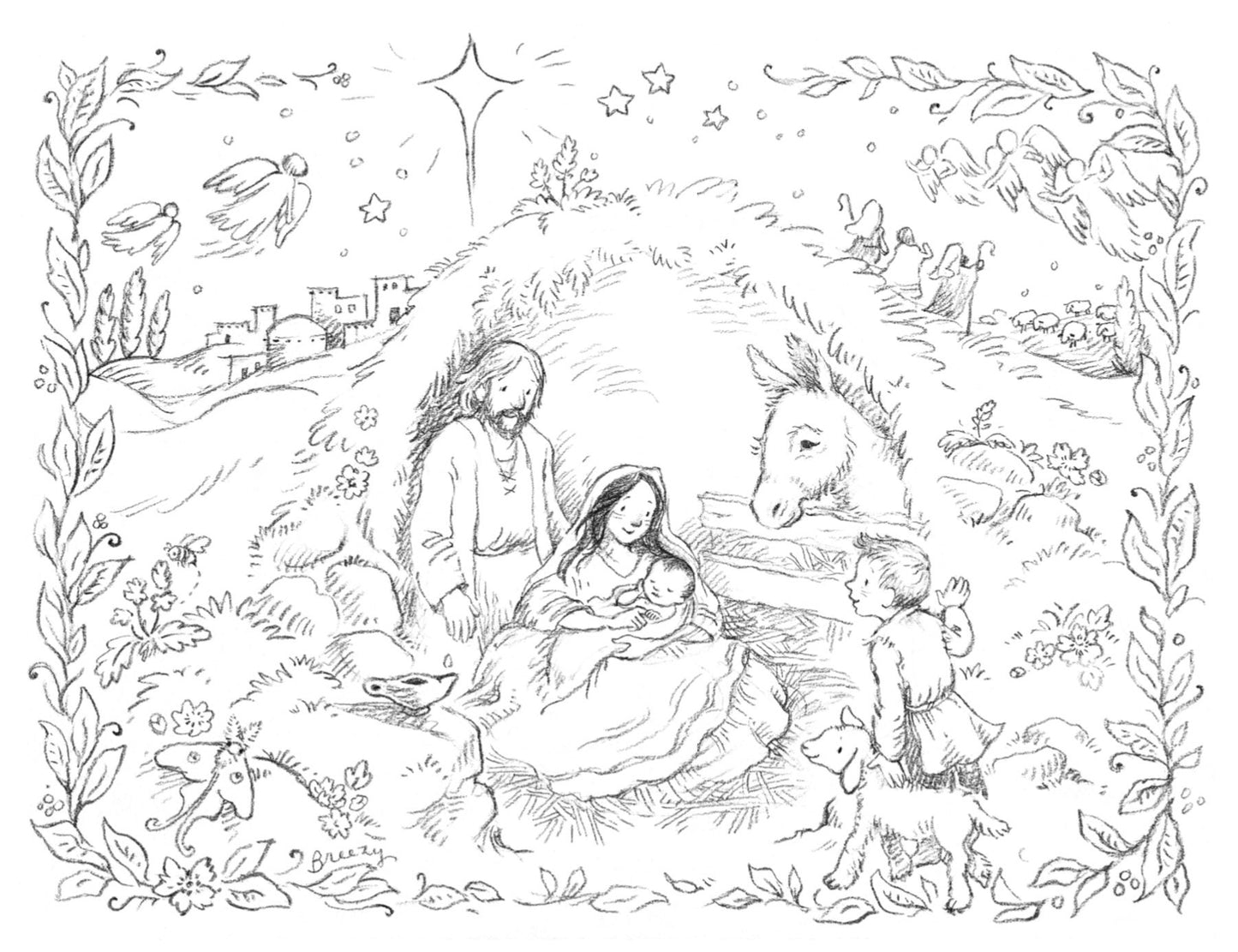 Silent Night Nativity Scene Coloring Page for Christmas Storybook Style Illustration for Children