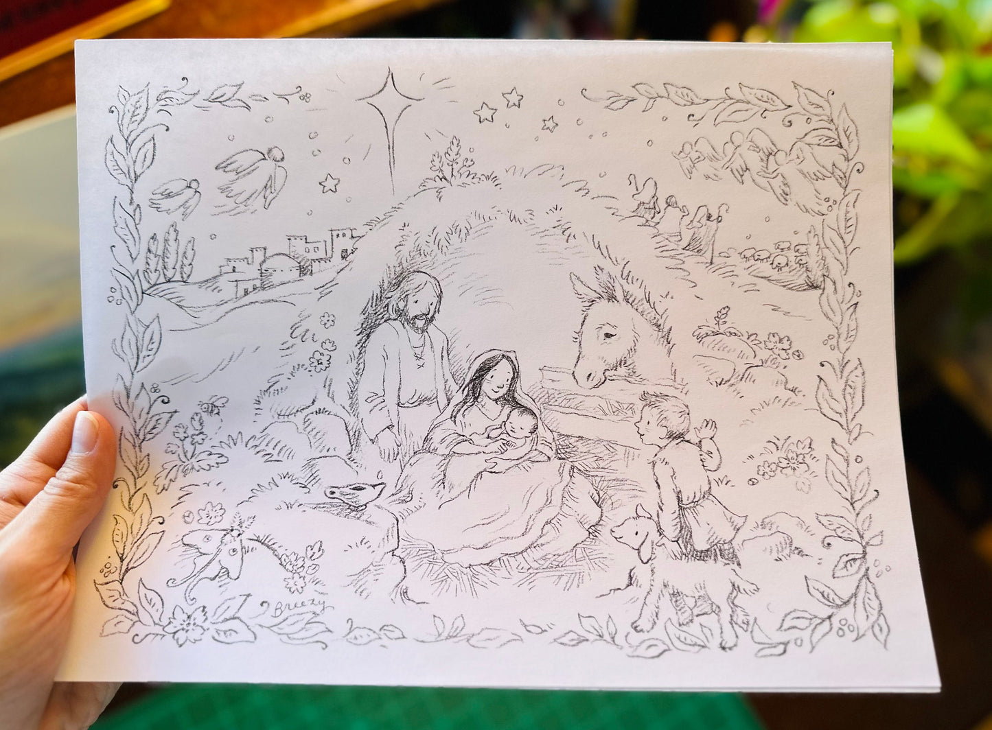 Silent Night Nativity Scene Coloring Page for Christmas Storybook Style Illustration for Children